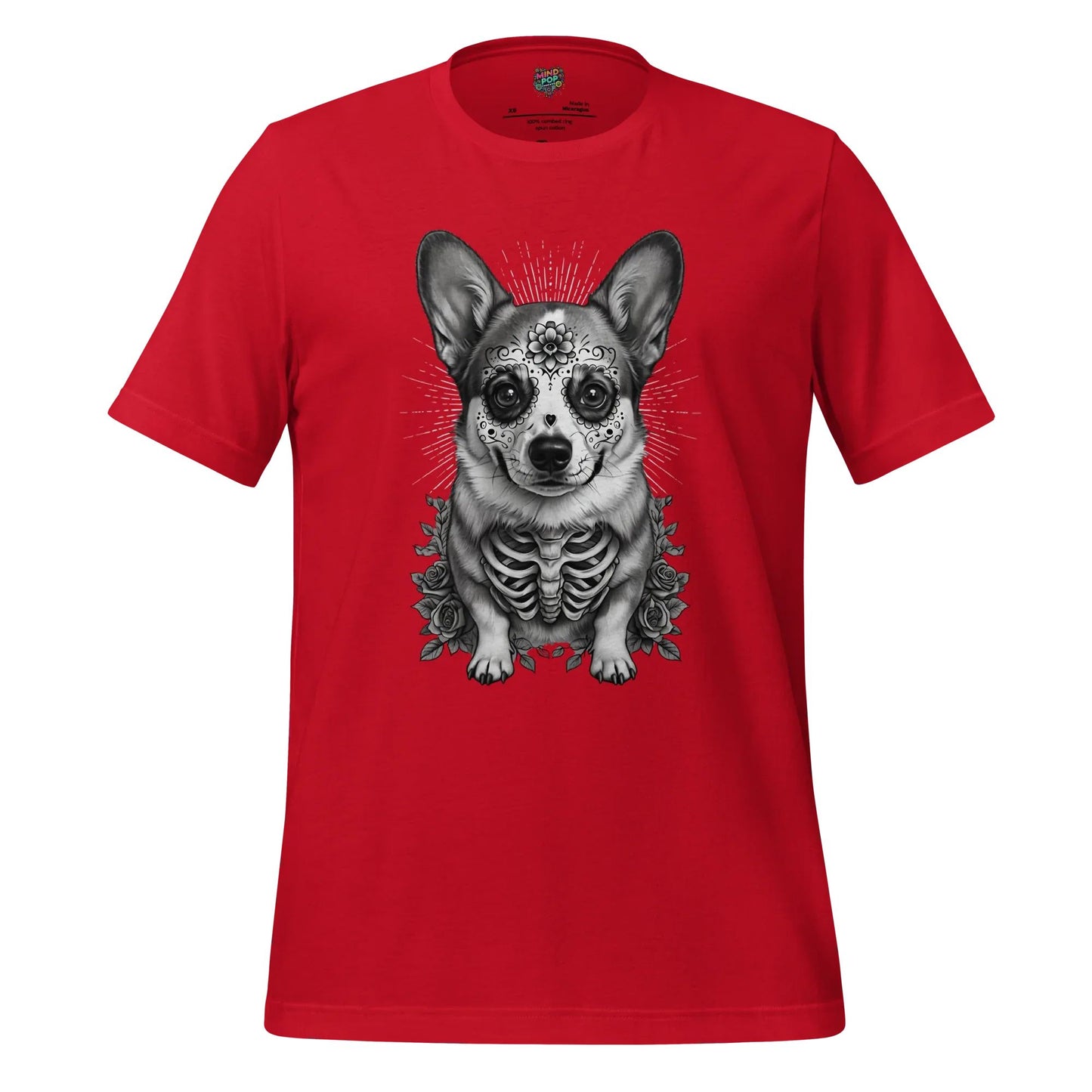 Sugar Skull Corgi Day of the Dead Cotton Shirt Red