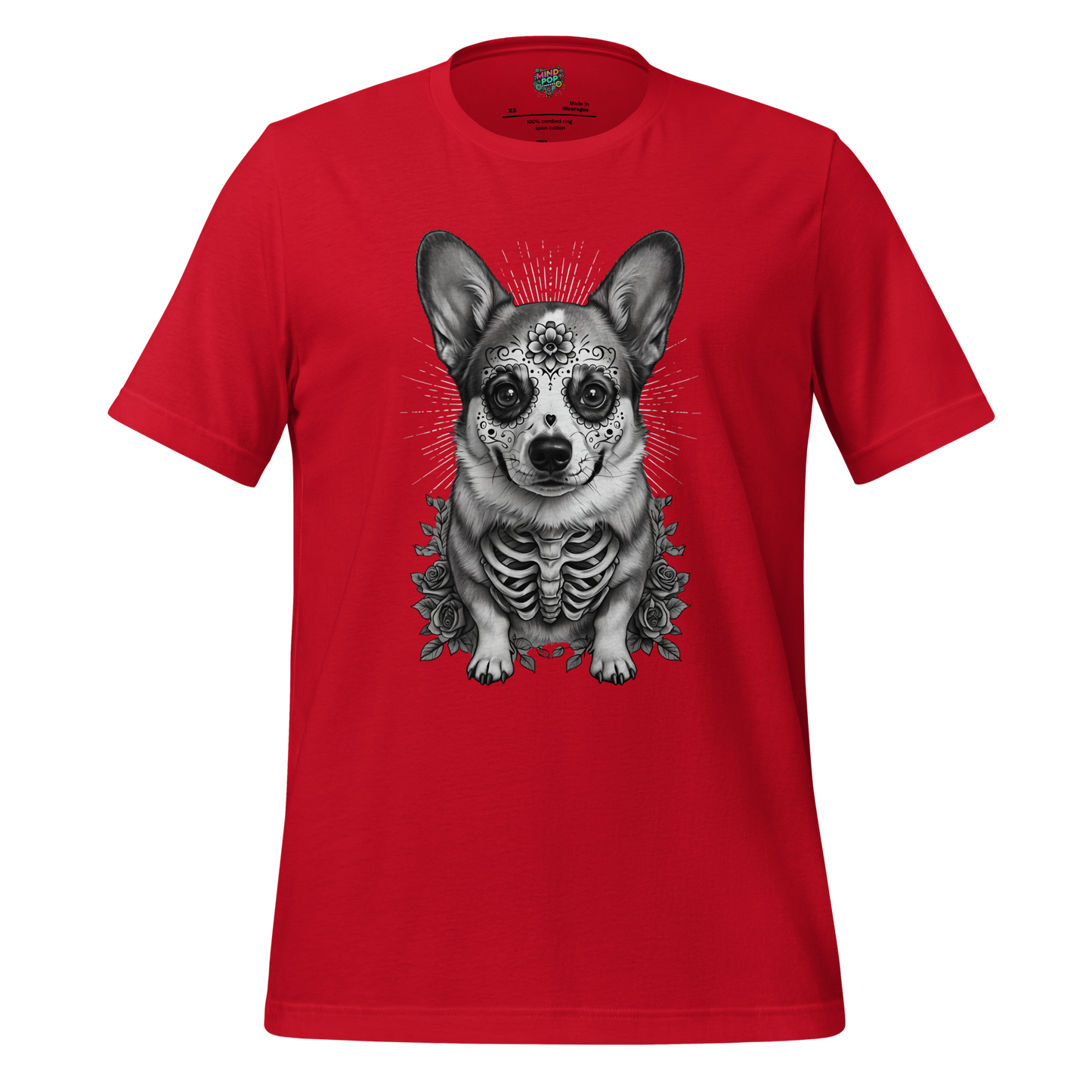 Sugar Skull Corgi Day of the Dead Cotton Shirt Red