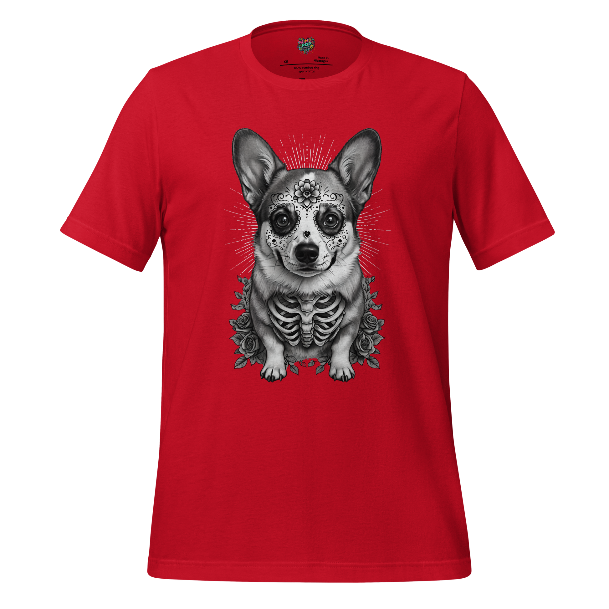 Sugar Skull Corgi Day of the Dead Cotton Shirt Red