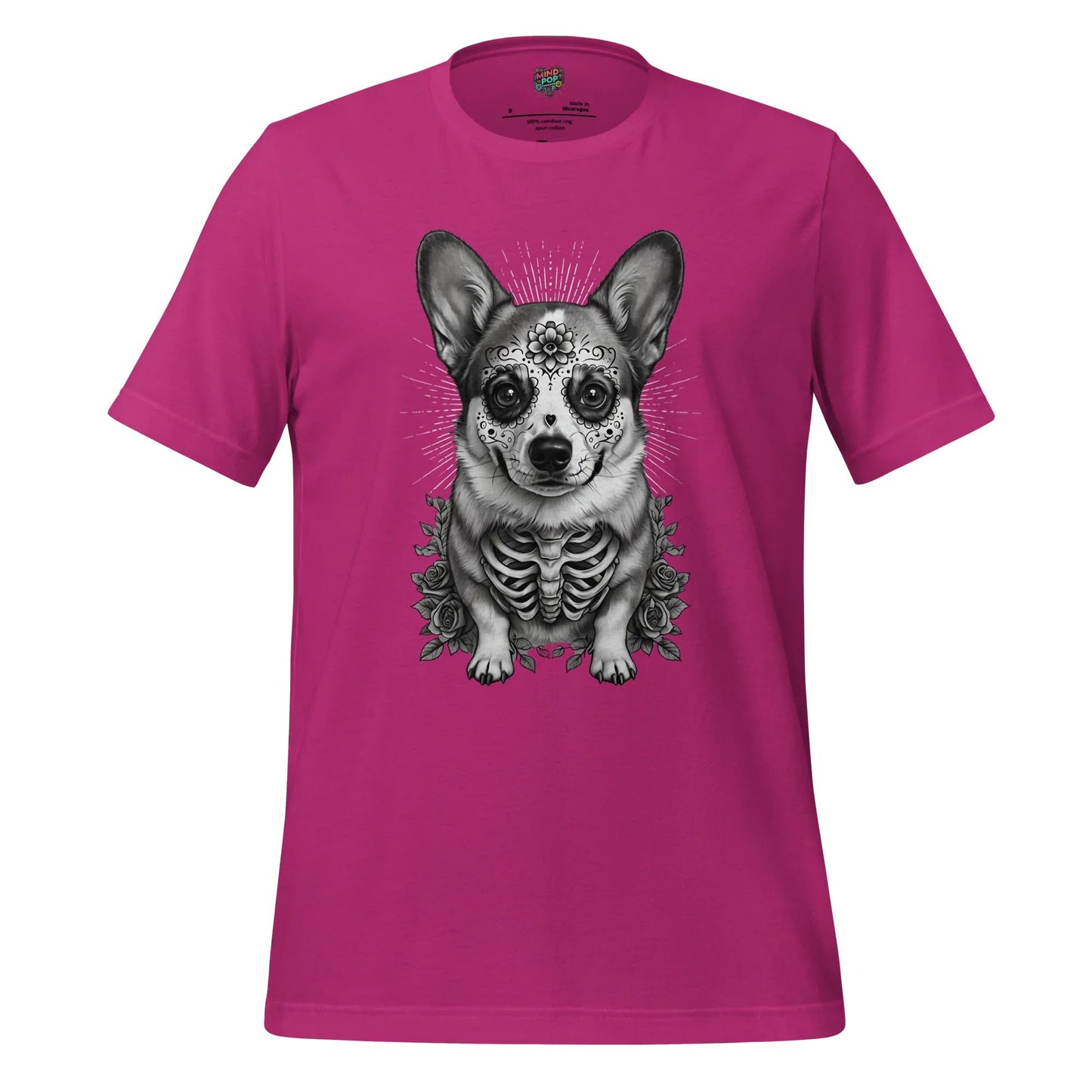 Sugar Skull Corgi Day of the Dead Cotton Shirt Berry