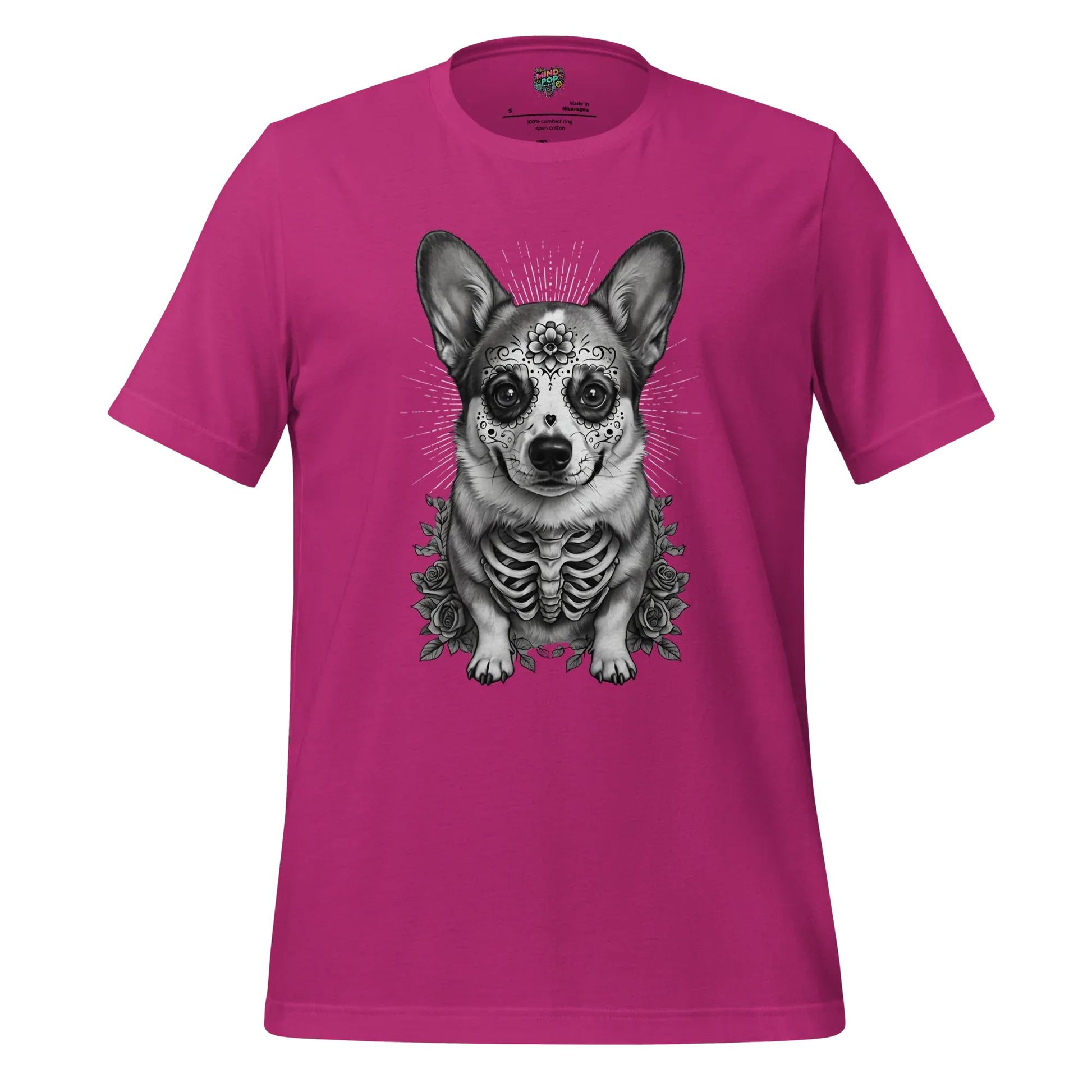 Sugar Skull Corgi Day of the Dead Cotton Shirt Berry