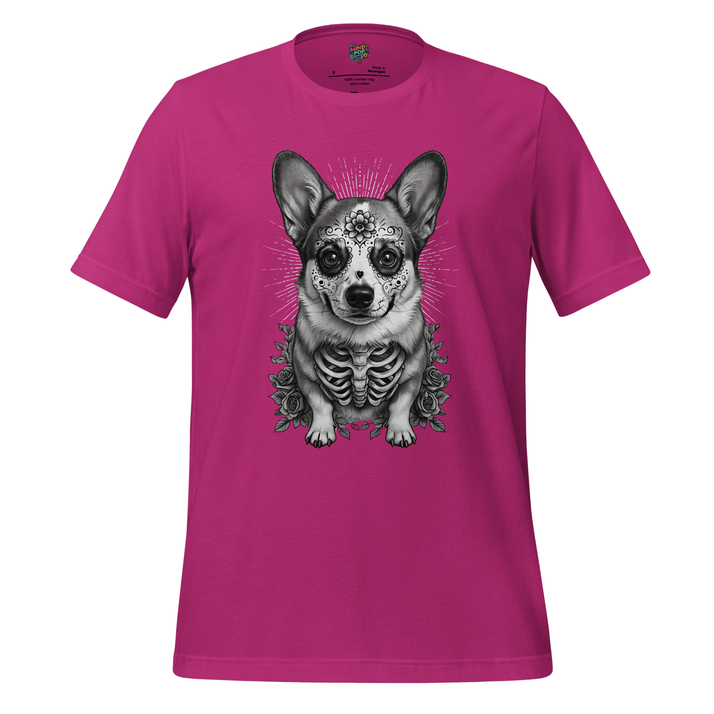 Sugar Skull Corgi Day of the Dead Cotton Shirt Berry
