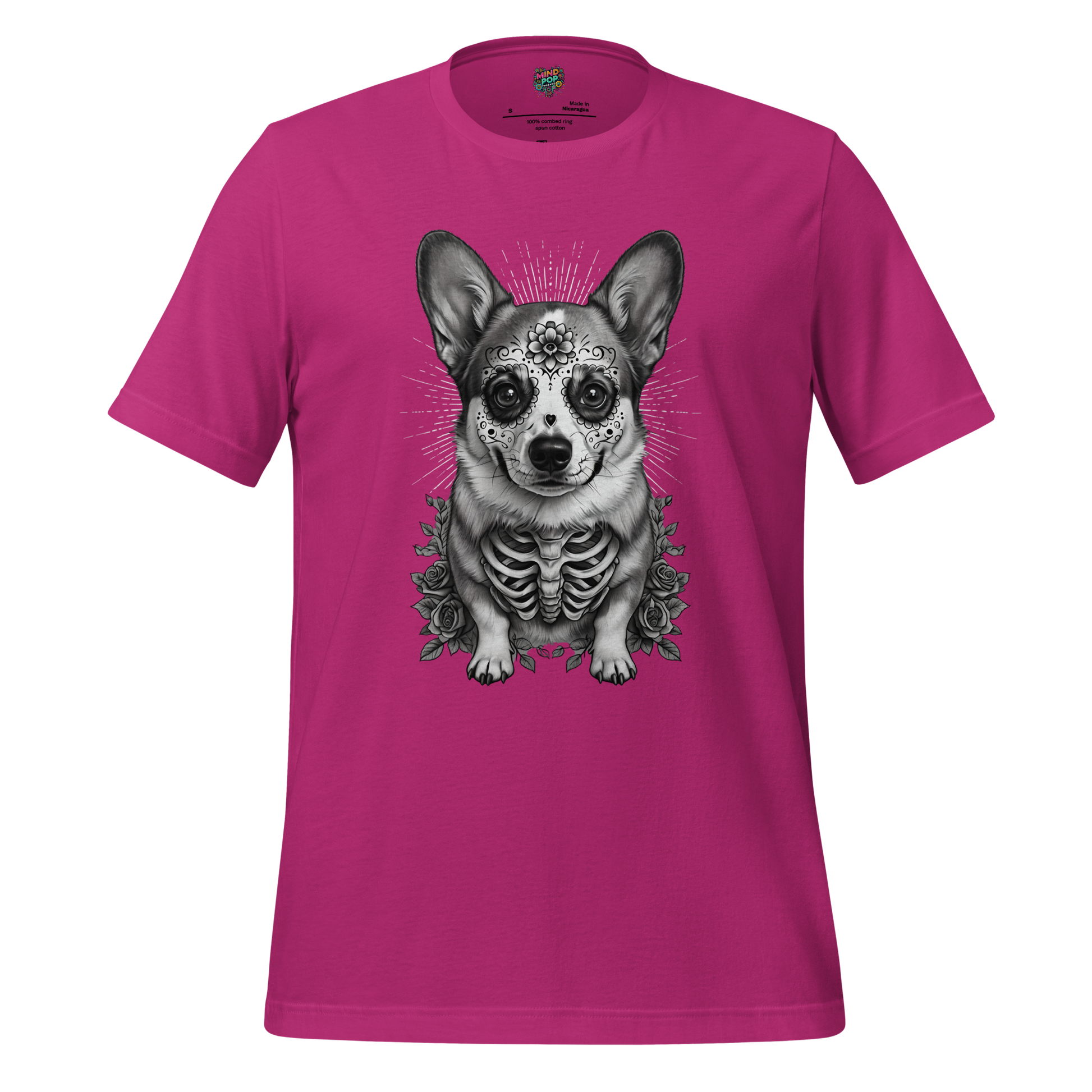 Sugar Skull Corgi Day of the Dead Cotton Shirt Berry
