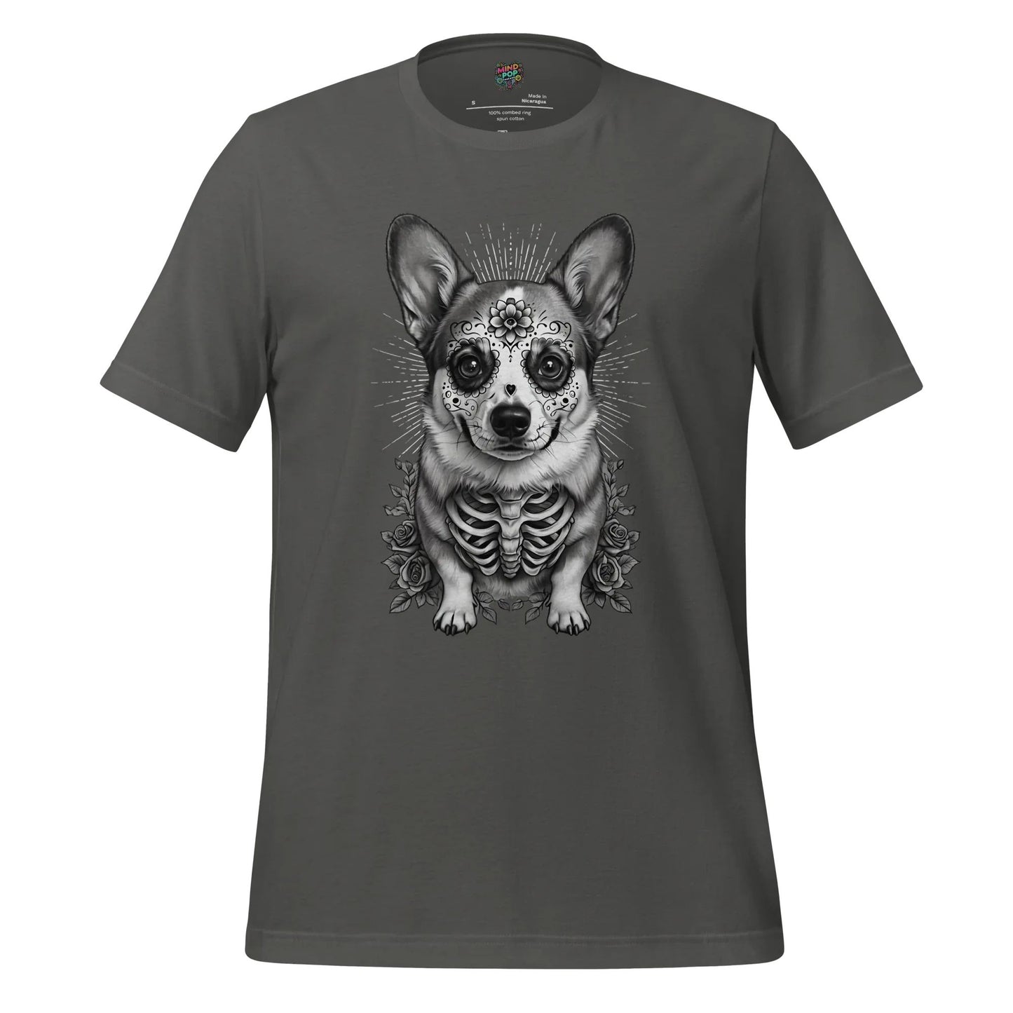 Sugar Skull Corgi Day of the Dead Cotton Shirt Asphalt