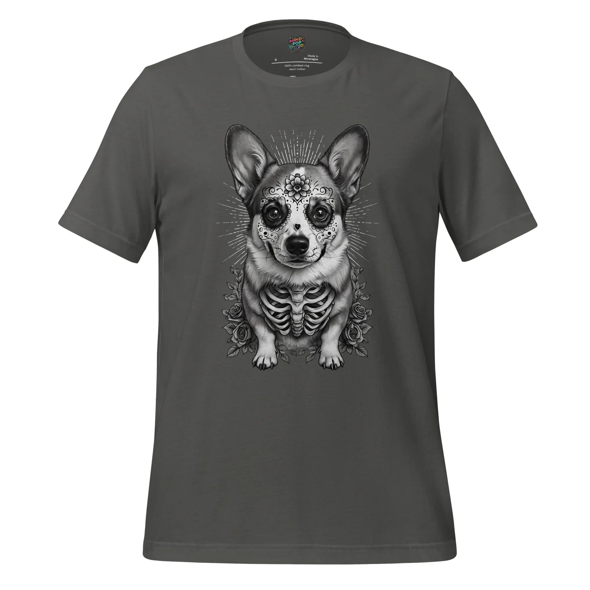 Sugar Skull Corgi Day of the Dead Cotton Shirt Asphalt