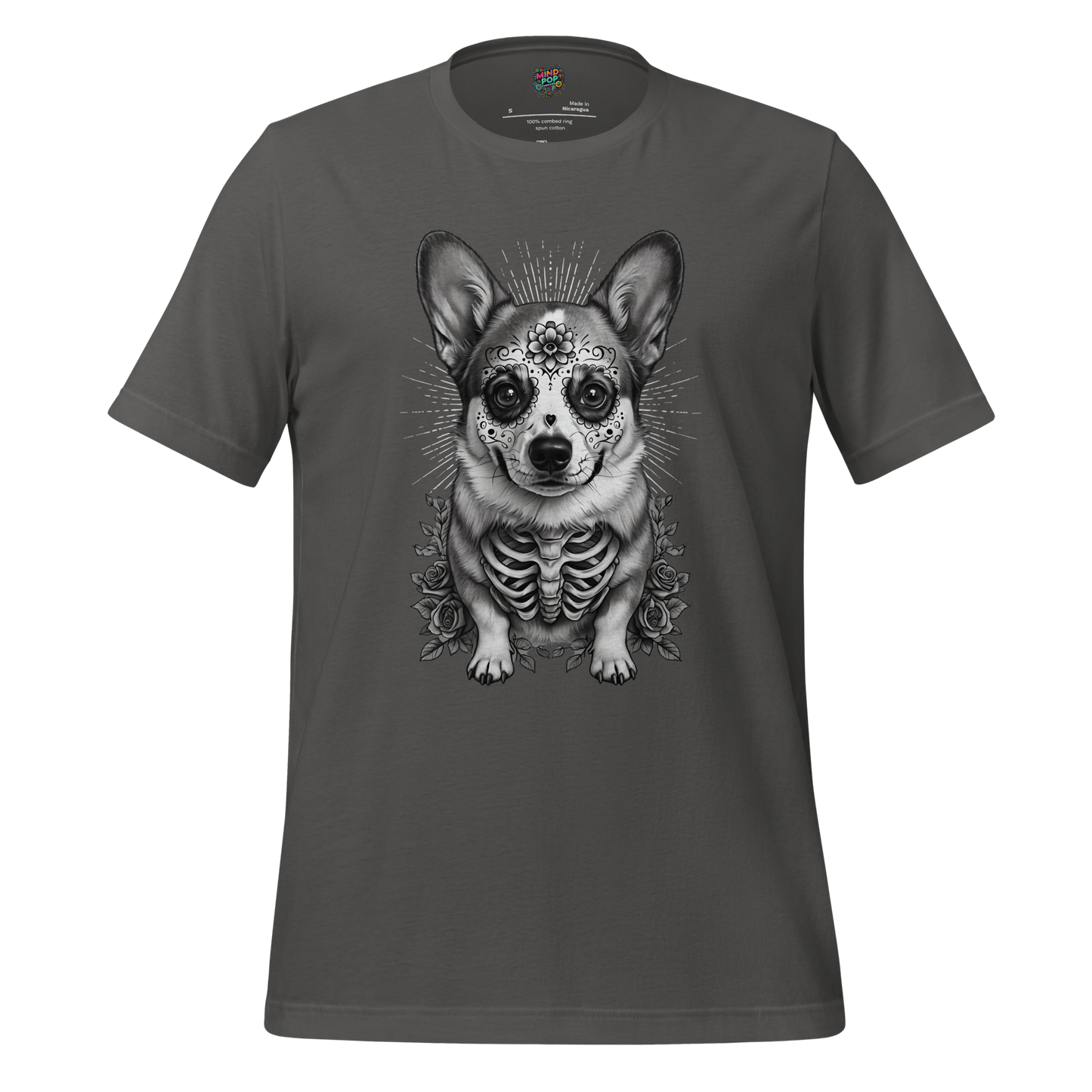 Sugar Skull Corgi Day of the Dead Cotton Shirt Asphalt