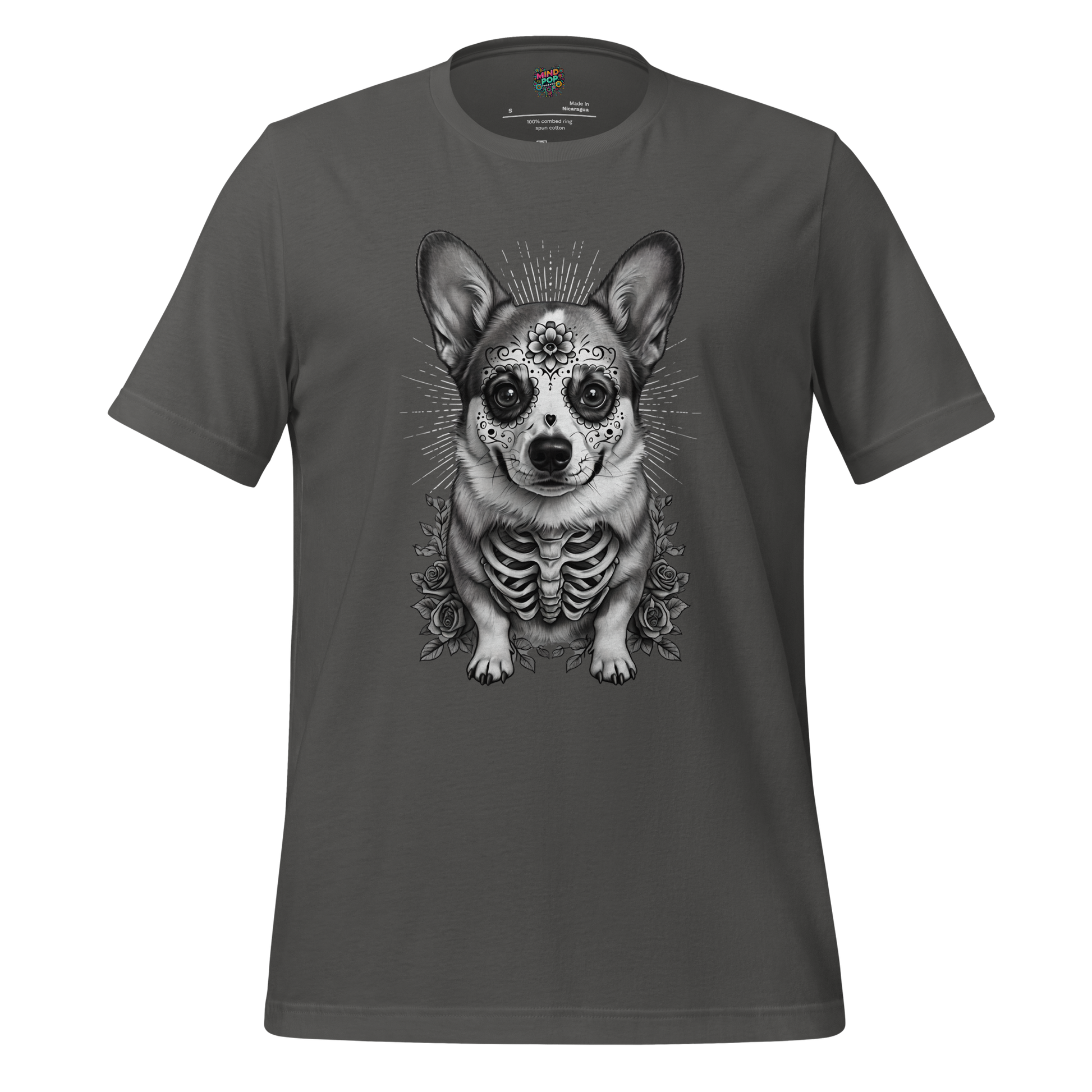 Sugar Skull Corgi Day of the Dead Cotton Shirt Asphalt