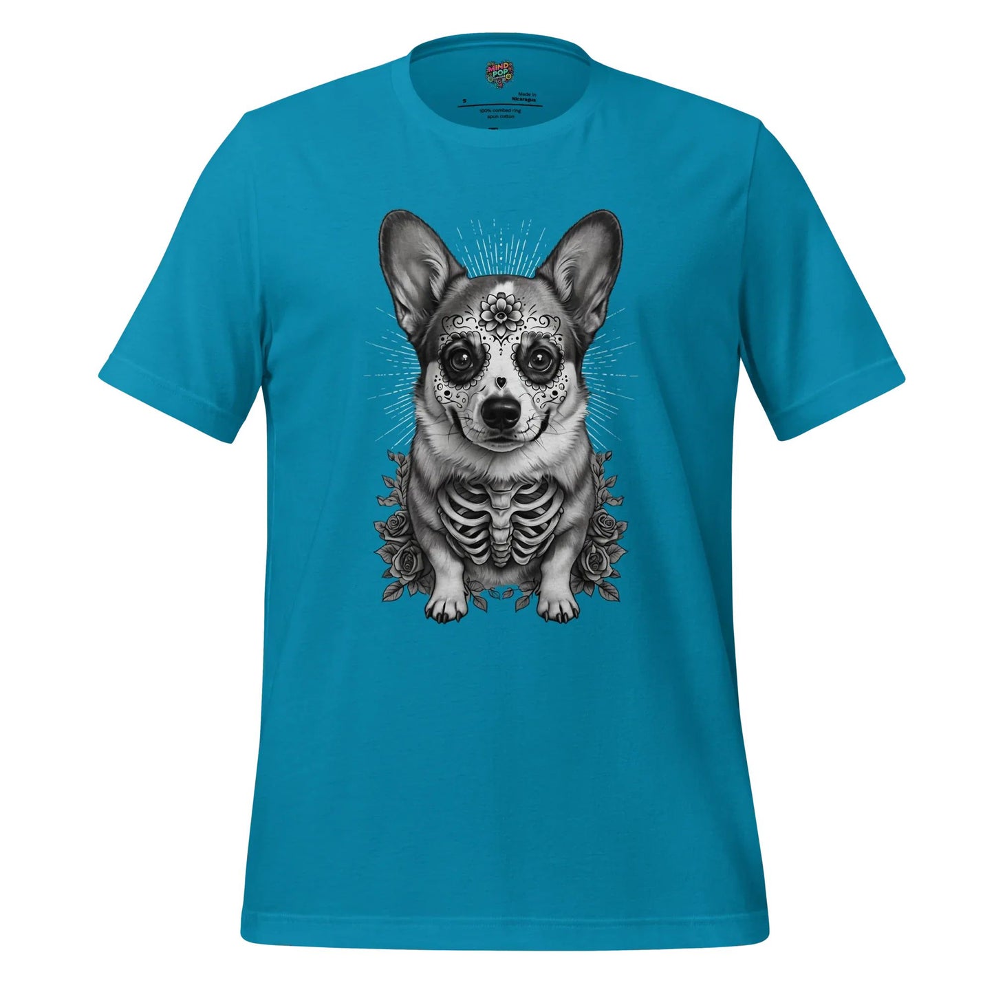 Sugar Skull Corgi Day of the Dead Cotton Shirt Aqua