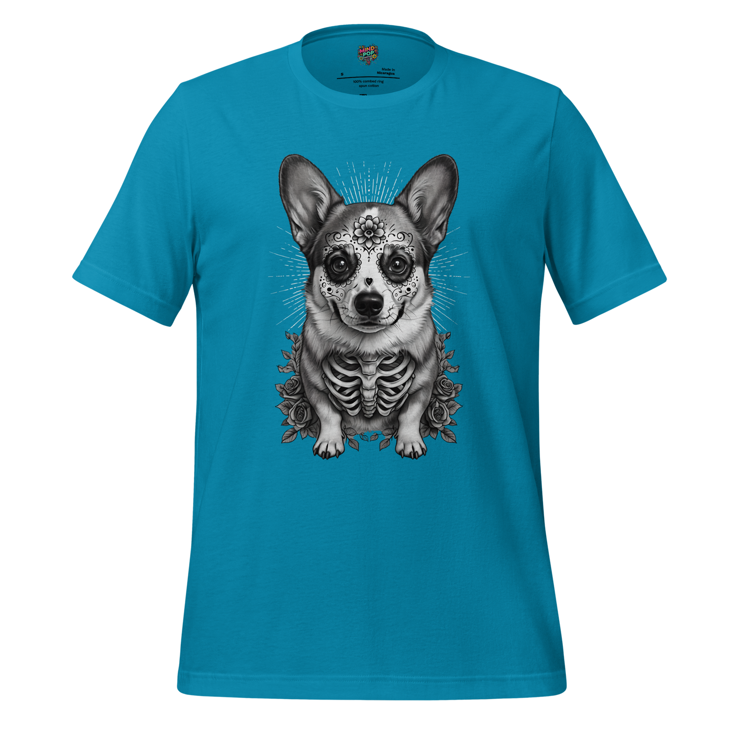 Sugar Skull Corgi Day of the Dead Cotton Shirt Aqua