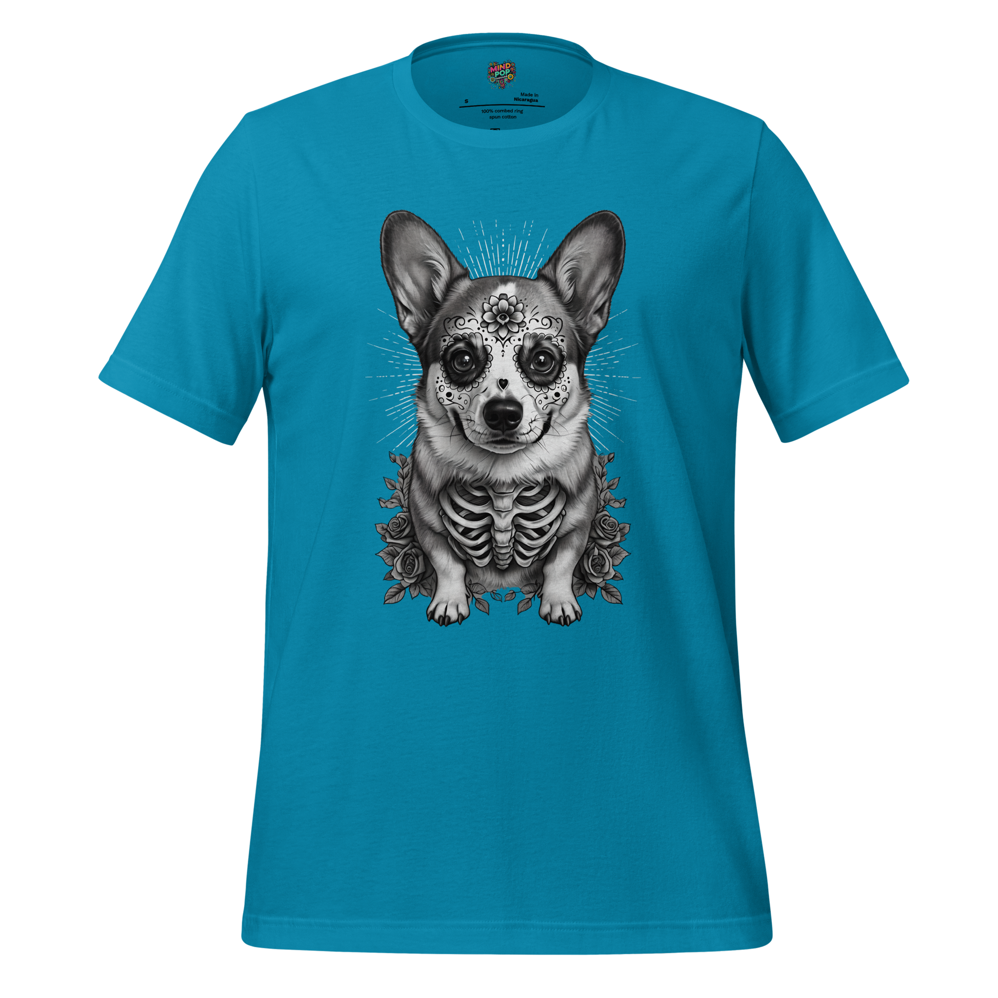 Sugar Skull Corgi Day of the Dead Cotton Shirt Aqua
