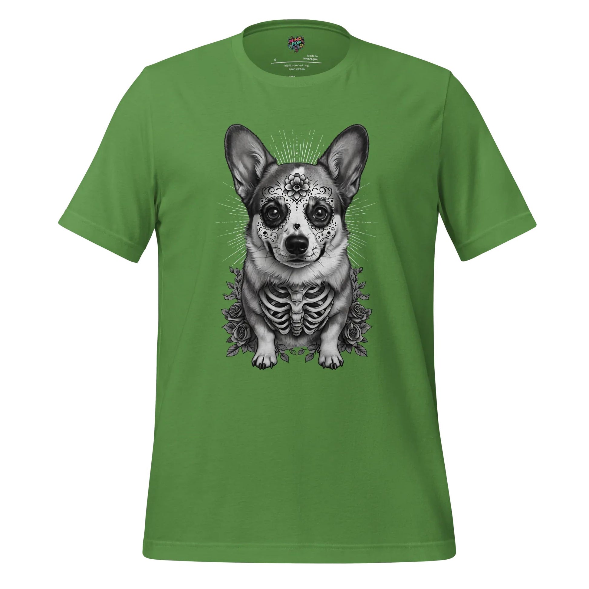 Sugar Skull Corgi Day of the Dead Cotton Shirt Leaf