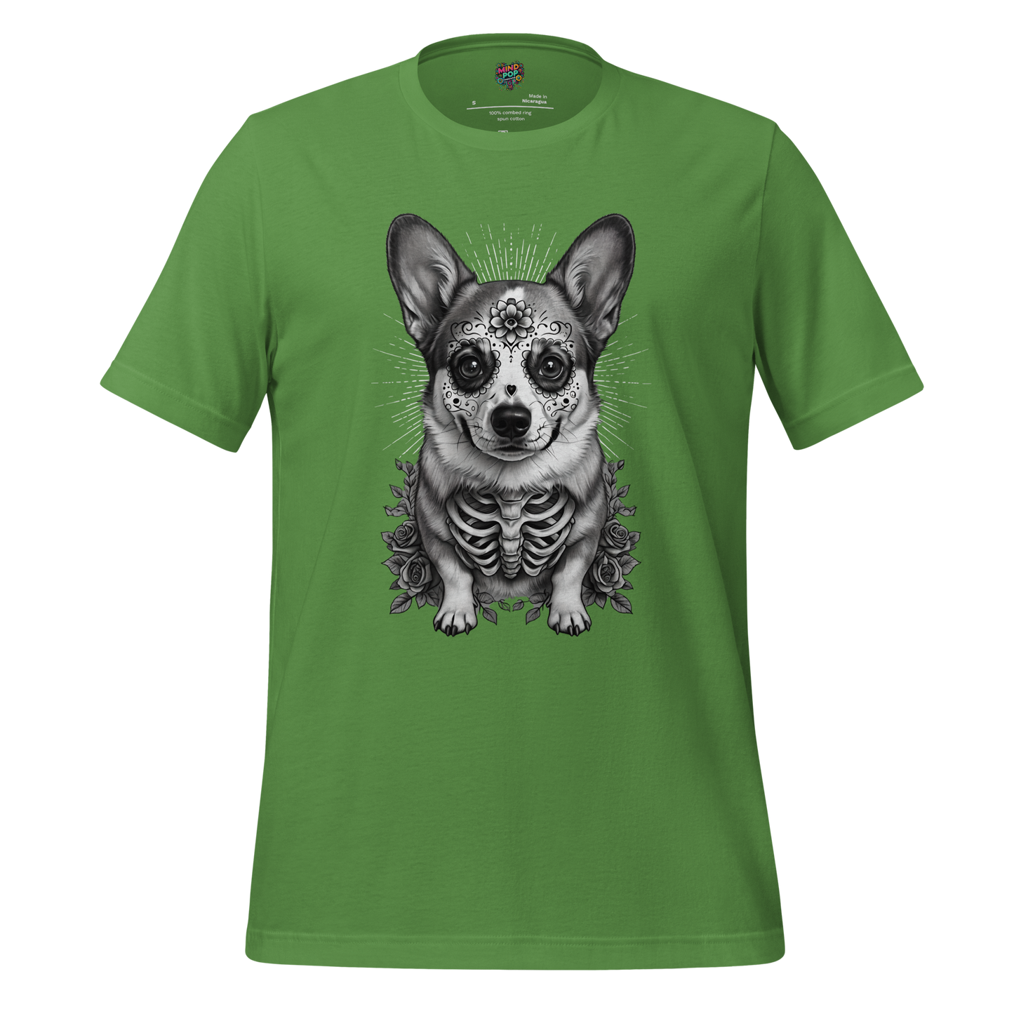 Sugar Skull Corgi Day of the Dead Cotton Shirt Leaf