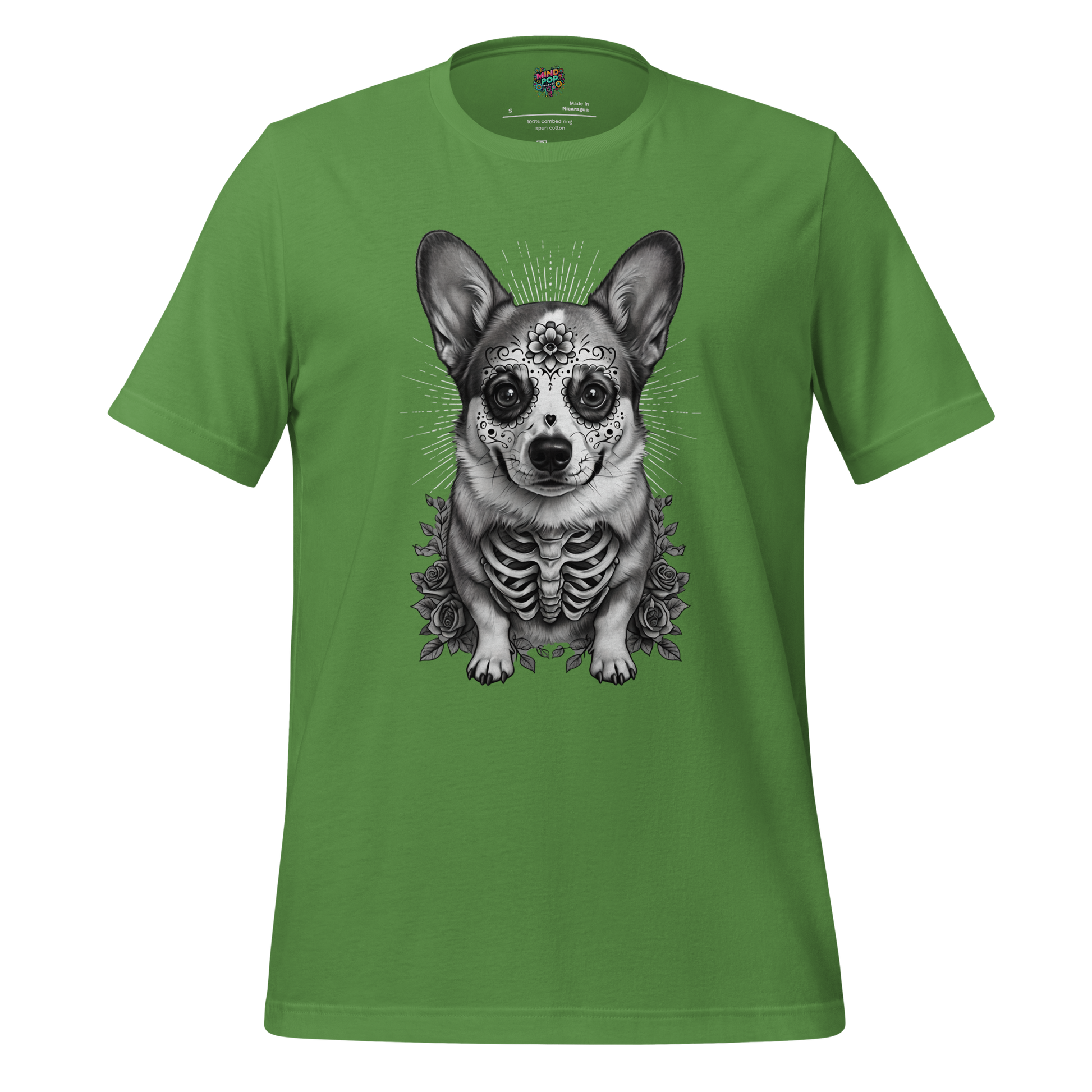Sugar Skull Corgi Day of the Dead Cotton Shirt Leaf