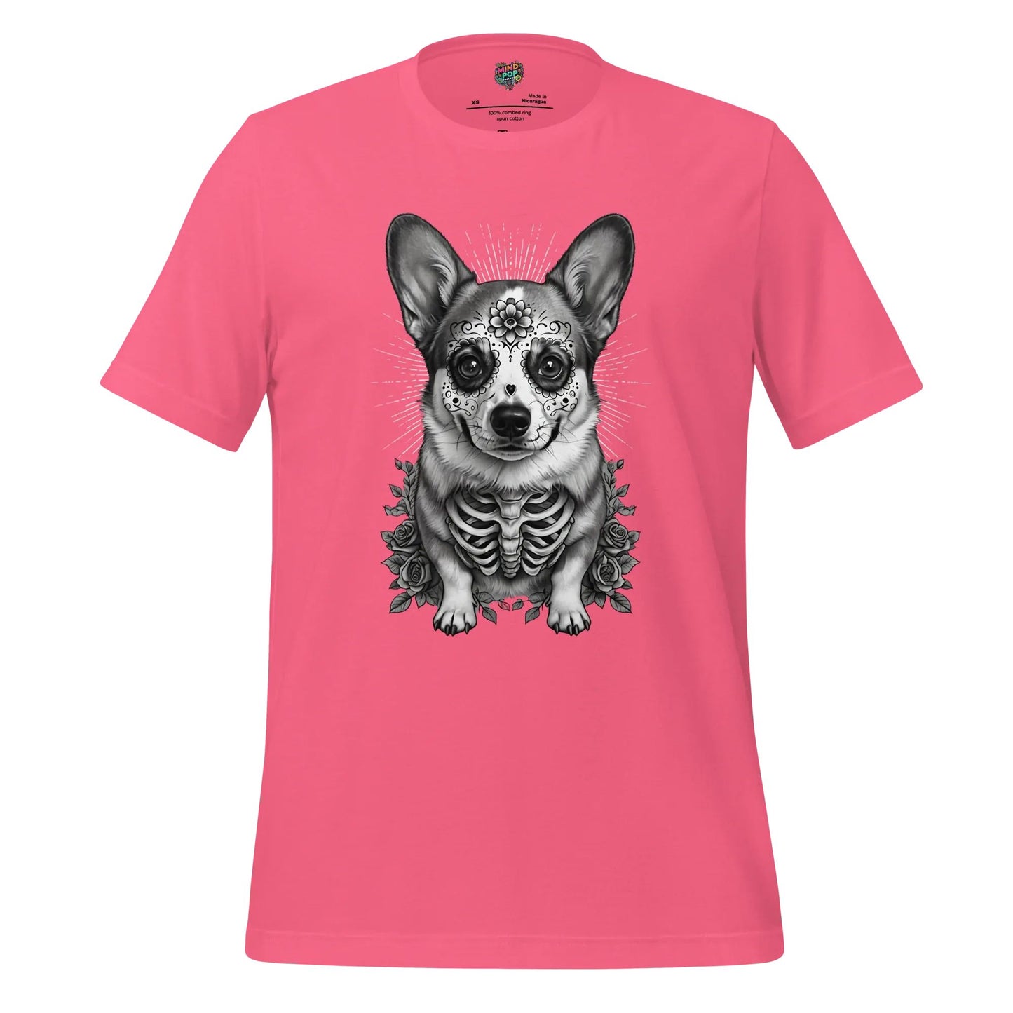 Sugar Skull Corgi Day of the Dead Cotton Shirt Charity Pink