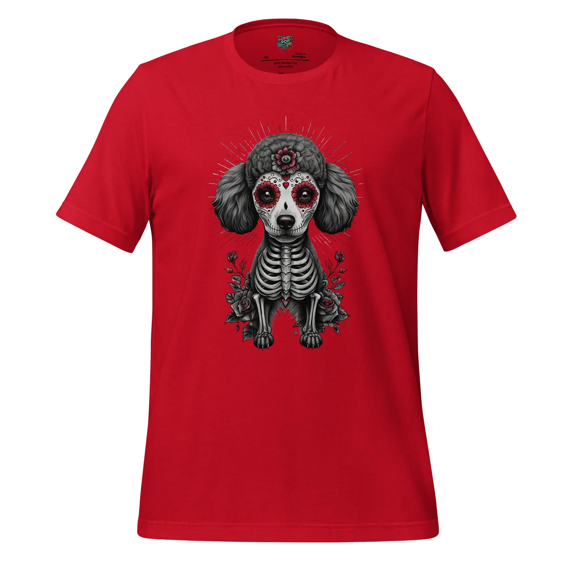Sugar Skull Day of the Dead Poodle Cotton Shirt Red