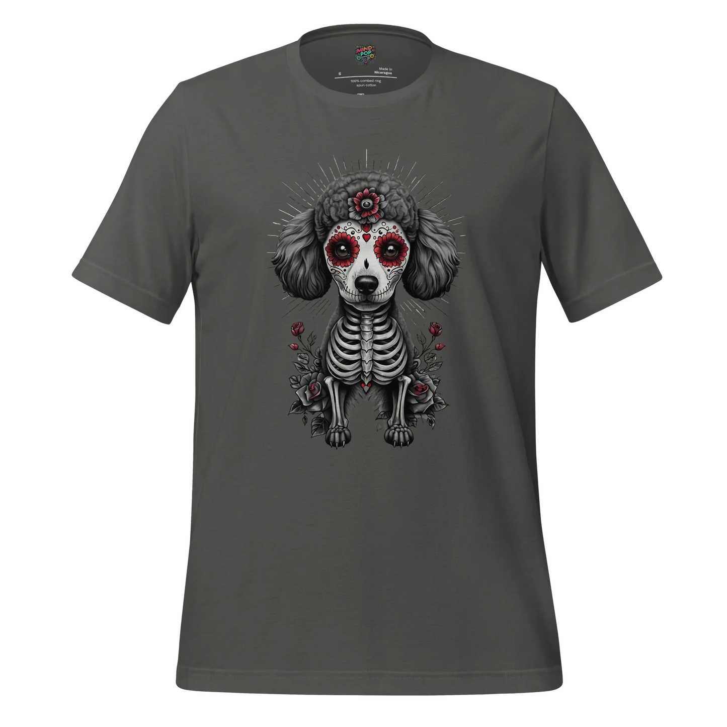 Sugar Skull Day of the Dead Poodle Cotton Shirt Asphalt