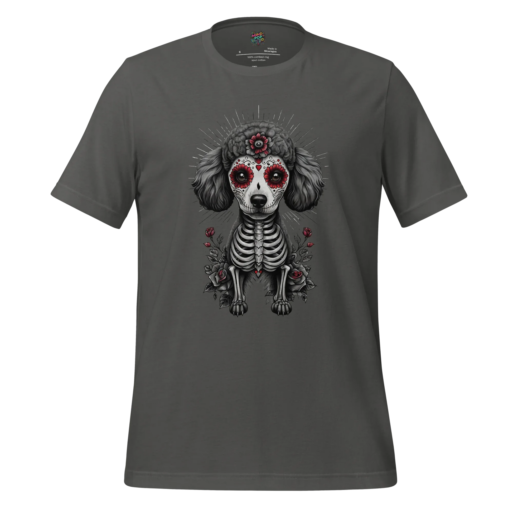Sugar Skull Day of the Dead Poodle Cotton Shirt Asphalt