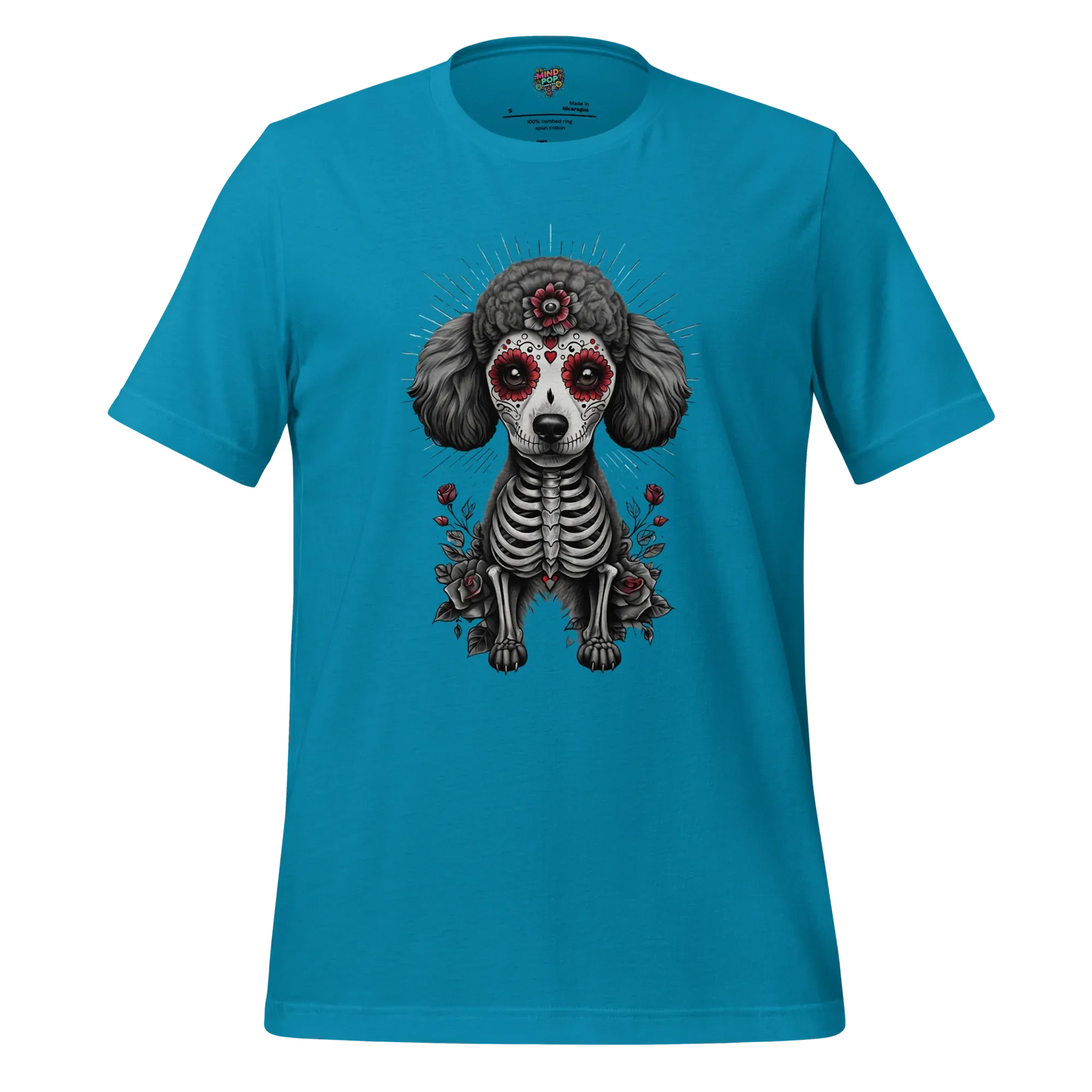 Sugar Skull Day of the Dead Poodle Cotton Shirt Aqua