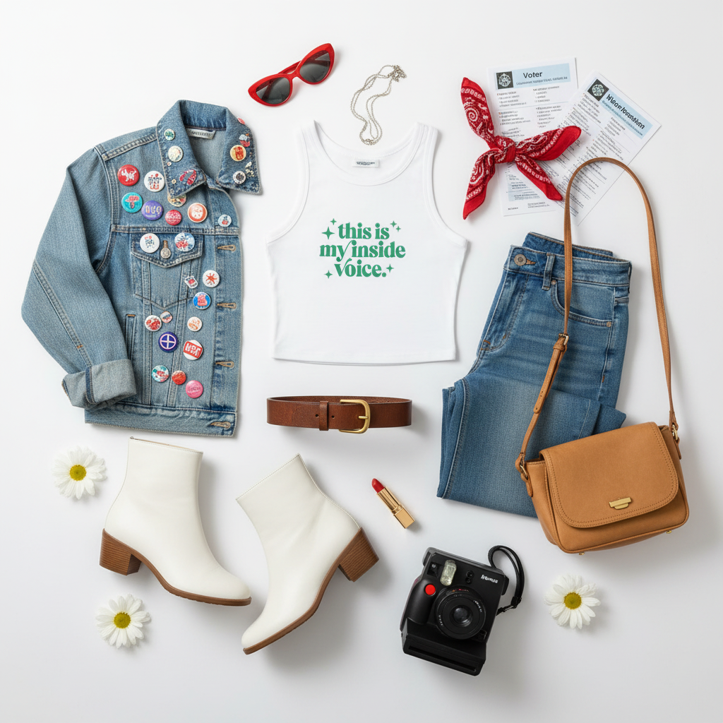 A styled flat-lay outfit arrangement on a white background featuring a light blue denim jacket covered in colorful buttons, a white tank top with green text reading 'this is my inside voice.', folded blue jeans, white ankle boots, a tan crossbody bag, sunglasses, a necklace, a red bandana, a camera, a belt, lipstick, and small daisy props.