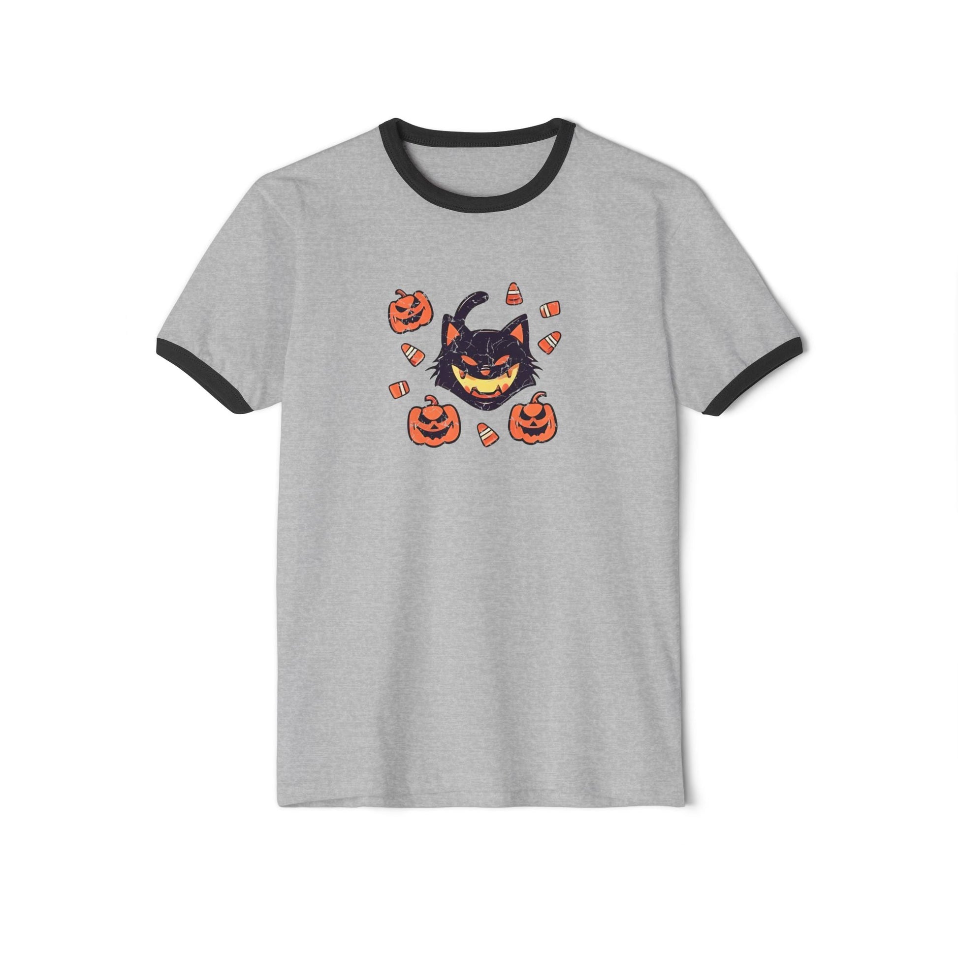 Vintage Black Cat Ringer T-Shirt Heather Grey Black