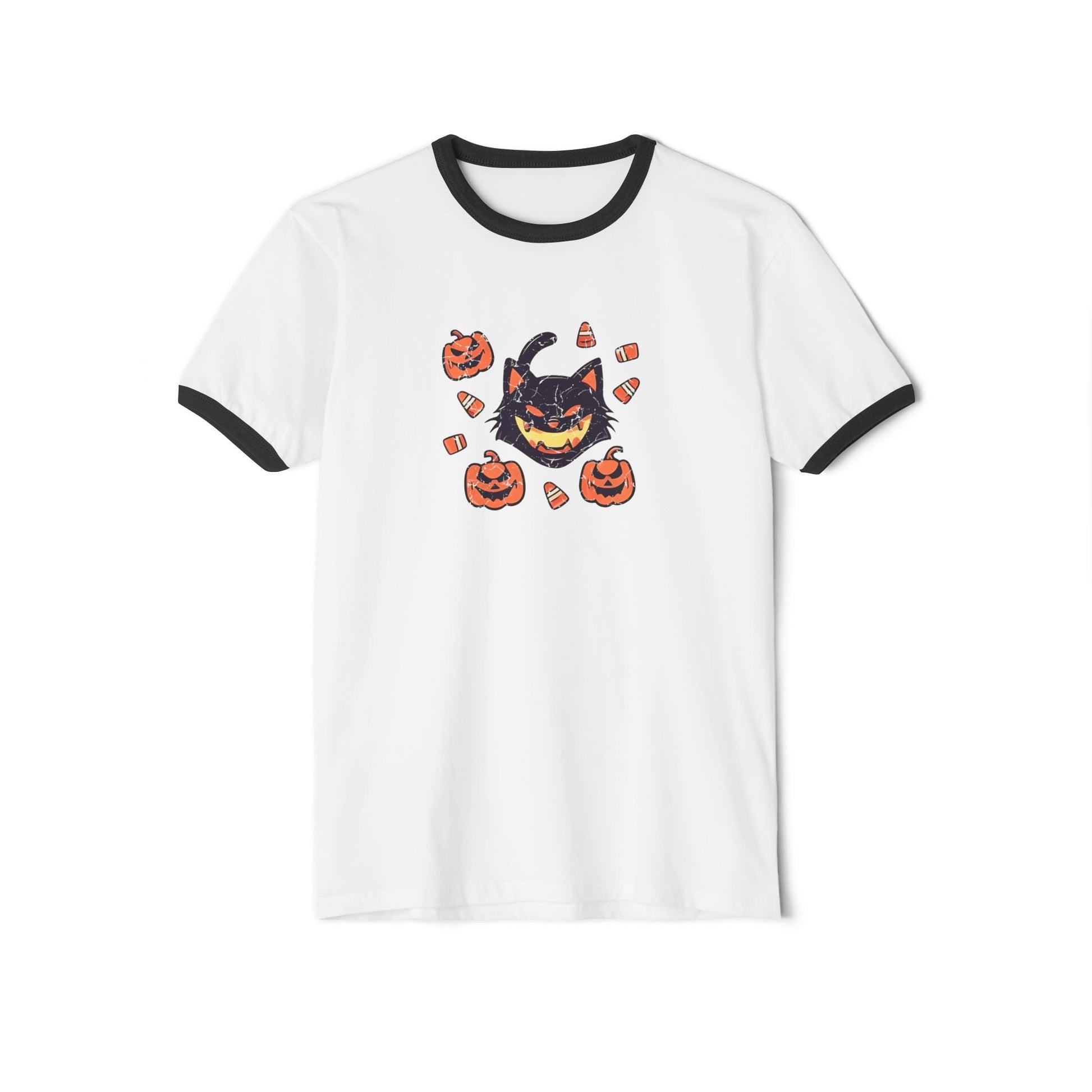 Vintage Black Cat Ringer T-Shirt White Black