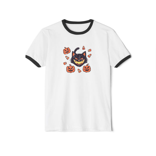 Vintage Black Cat - Halloween Ringer Ringer Tee - tshirt - MPopTop - White/Black - 3XL - 2.54E+019