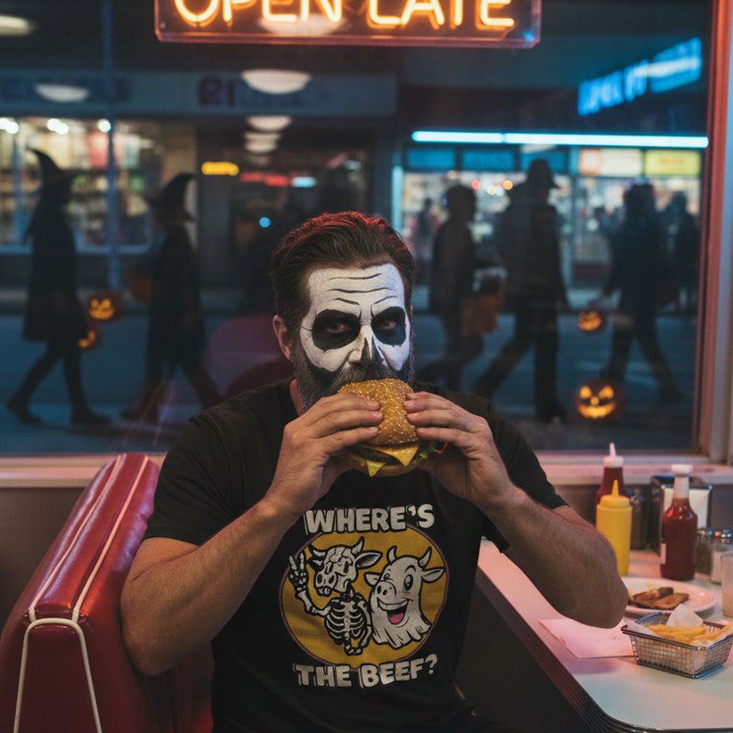 Where's the Beef — cow skeleton ghost tee, worn in a burger joint on Halloween night
