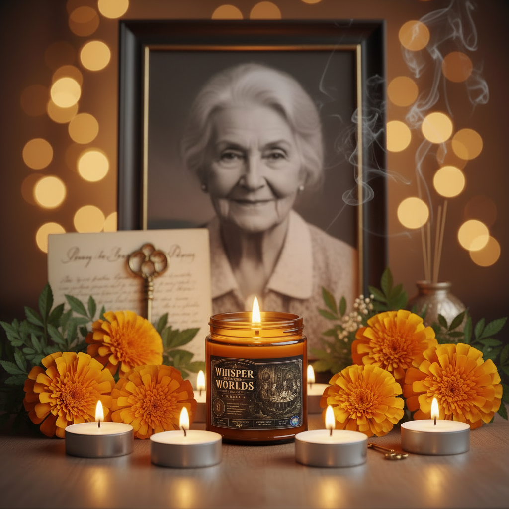 A lit amber glass jar candle labeled 'Whisper Worlds' sits on a tabletop surrounded by orange marigolds, tealight candles, a framed black-and-white portrait of an elderly woman, and warm string lights in the background.