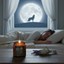 A lit amber glass jar candle labeled 'SOUTH BEAST' sits on a wooden table in a bedroom, with a sleeping person in bed and a large full moon silhouette visible through the window behind them.