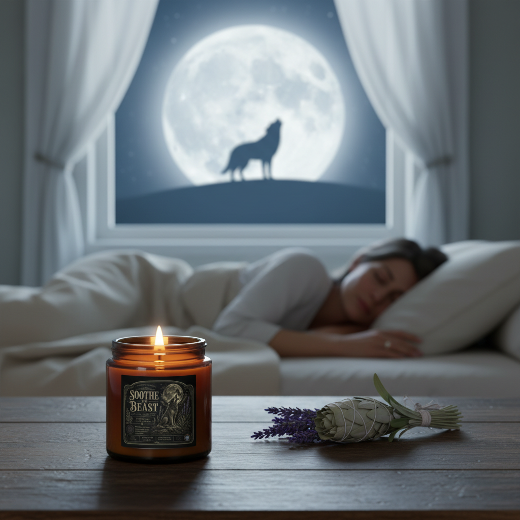 A lit amber glass jar candle labeled 'SOUTH BEAST' sits on a wooden table in a bedroom, with a sleeping person in bed and a large full moon silhouette visible through the window behind them.