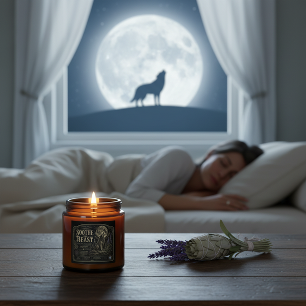 A lit amber glass jar candle labeled 'SOUTH BEAST' sits on a wooden table in a bedroom, with a sleeping person in bed and a large full moon silhouette visible through the window behind them.