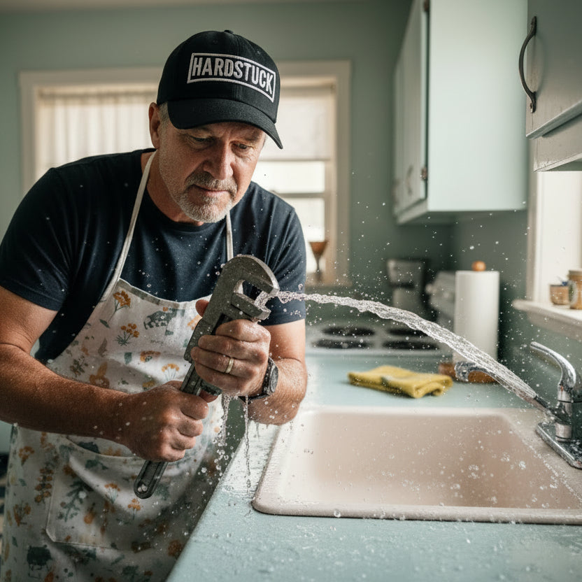 hardstuck hat on dad trying to fix leaky sink
