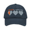 Navy blue cap with 'Critical Condition' text and pixelated heart icons on a white background