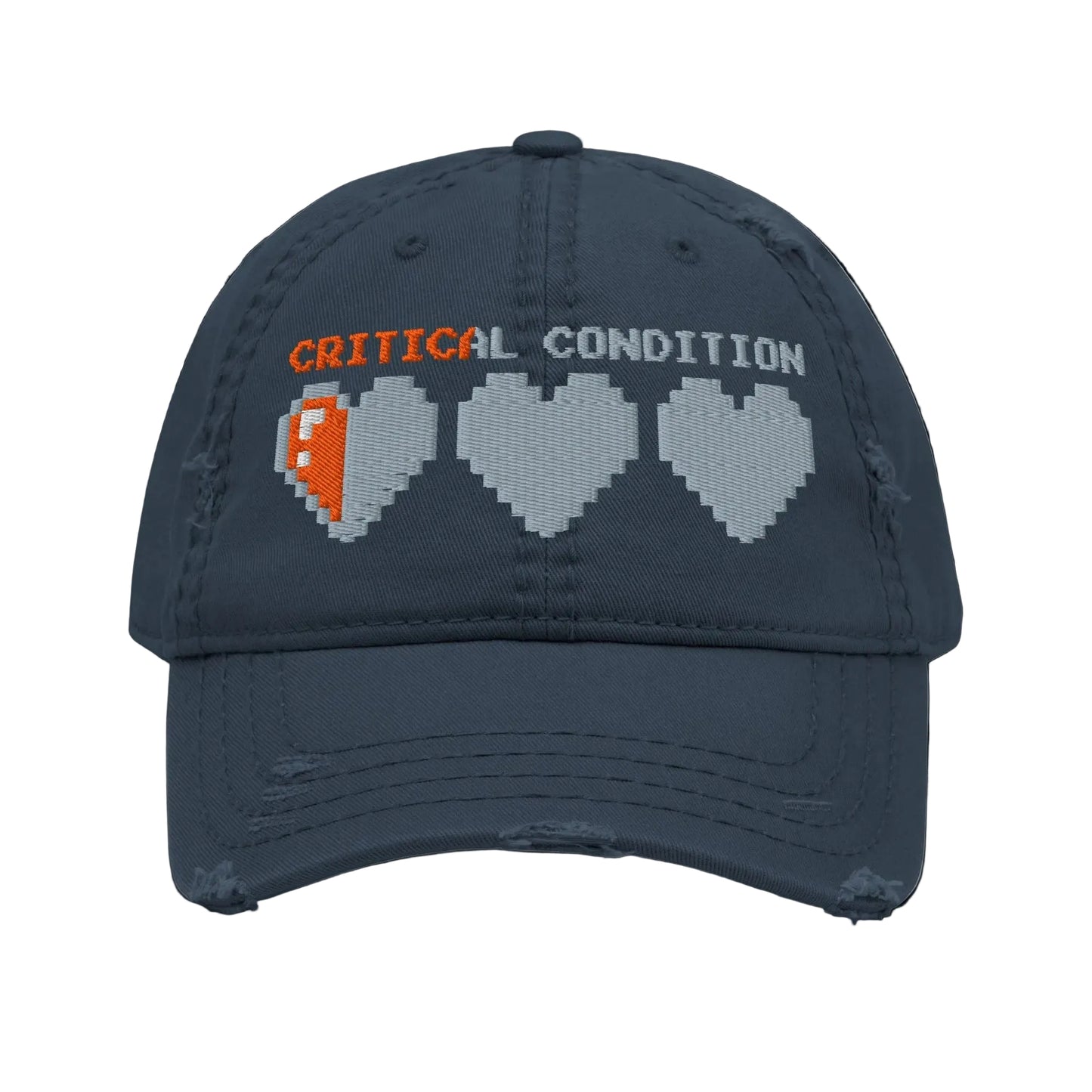 Navy blue cap with 'Critical Condition' text and pixelated heart icons on a white background
