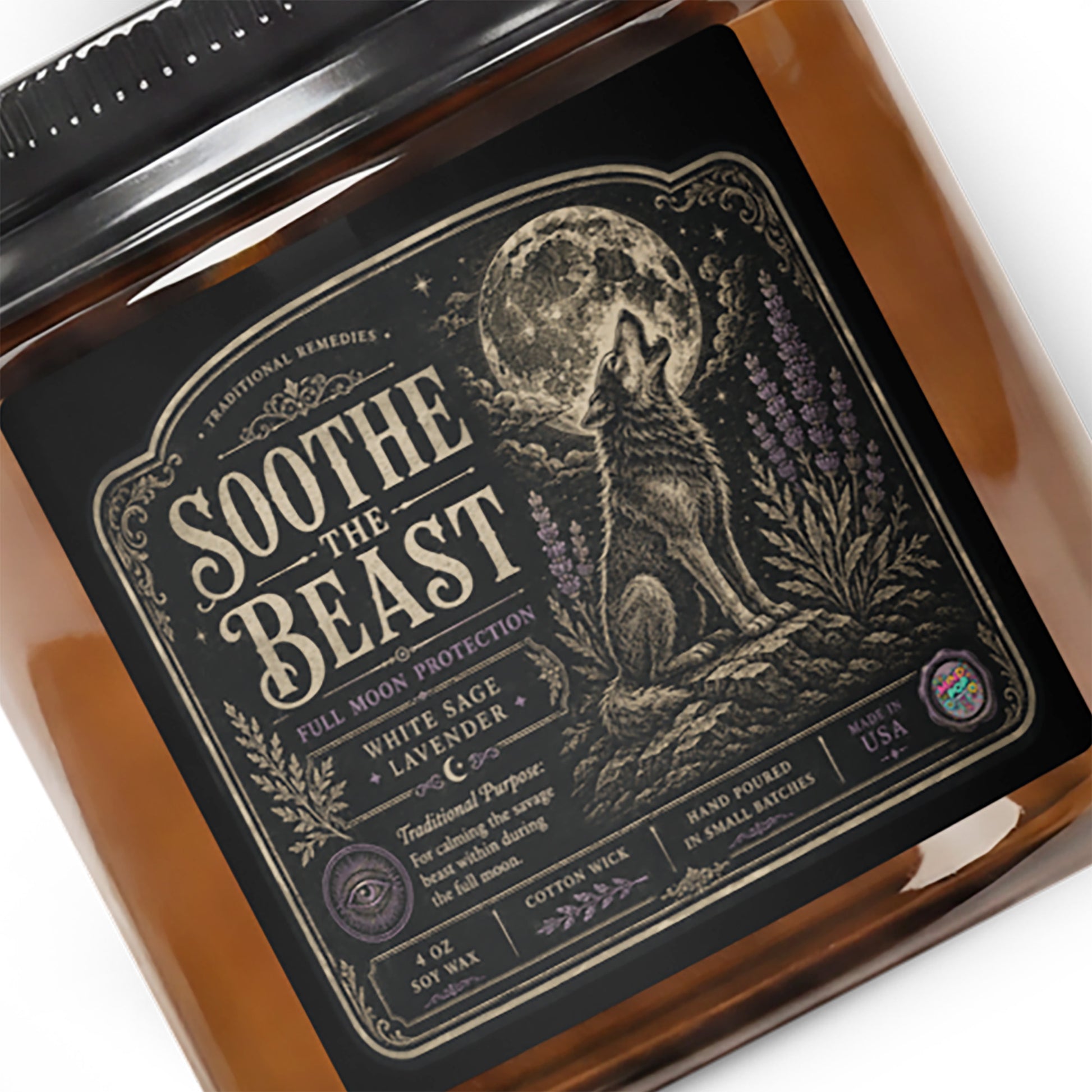 Sooth the Beast lavender amber soy candle, additional view