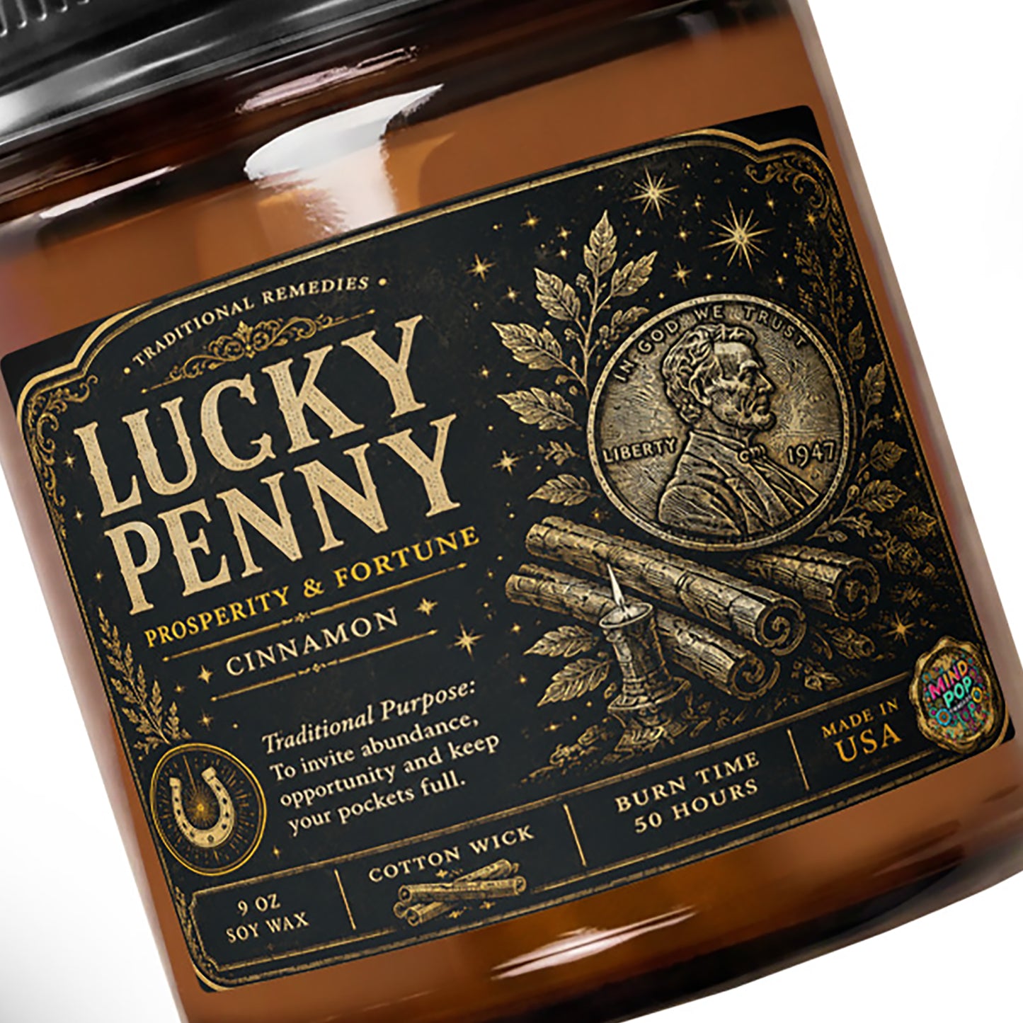 Lucky Penny cinnamon soy candle for prosperity and fortune, additional view