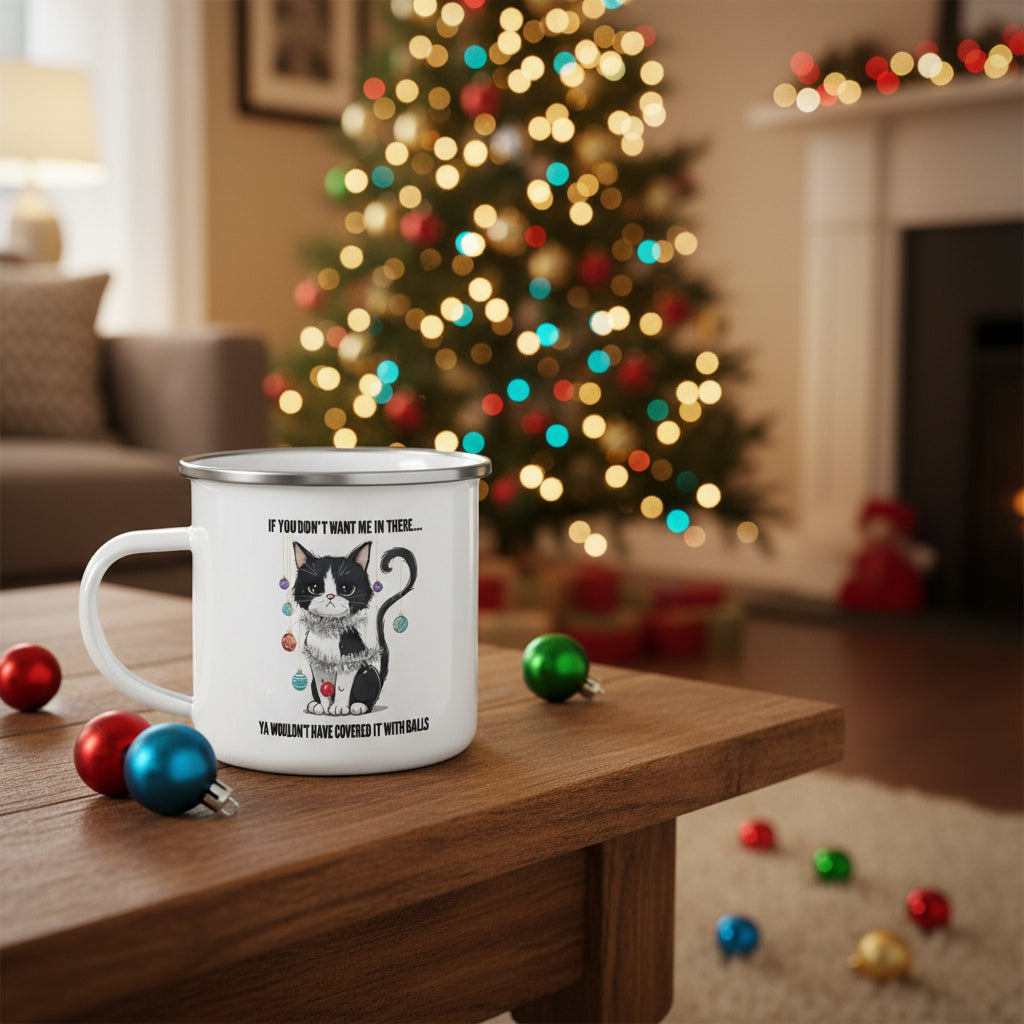 Christmas Tree vs Cat Enamel Camping Mug