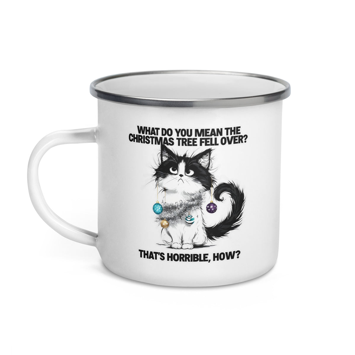 Christmas Tree Cat funny holiday enamel camp mug, product photo