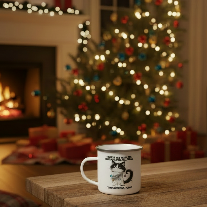 Christmas Tree Cat Funny Holiday Enamel Camp Mug