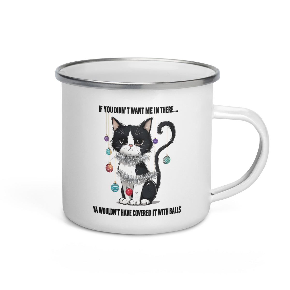 Christmas Tree vs Cat enamel camping mug, product photo