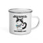 A white enamel-style mug with a silver rim and handle, featuring a black-and-white cat illustration with colorful ornaments and the text, 'WHAT DO YOU MEAN THE CHRISTMAS TREE FELL OVER? THAT'S HORRIBLE, HOW?' on a clean white background.