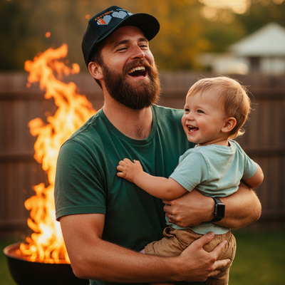 Man holding a child in front of a fire pit