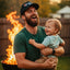 Man holding a child in front of a fire pit