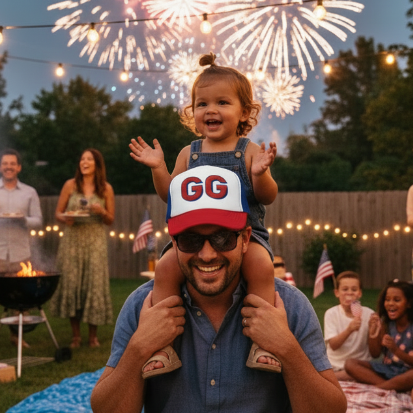 Man with child on shoulders enjoying fireworks in a backyard setting