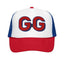Trucker hat with 'GG' logo on a black background