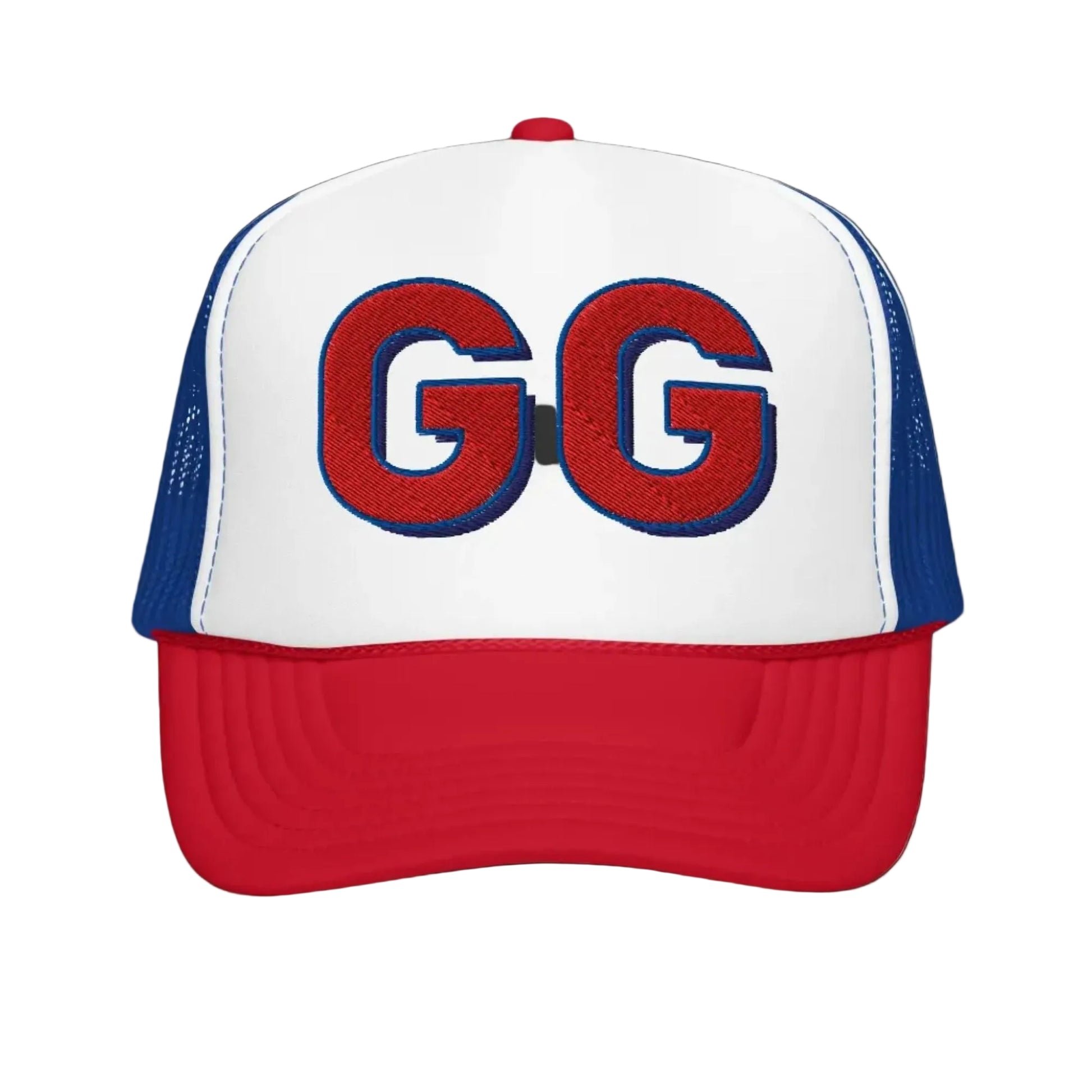 Trucker hat with 'GG' logo on a black background