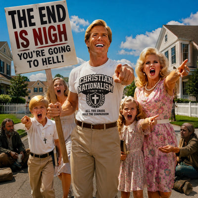 A family of five stands on a suburban street holding a protest sign that reads 'THE END IS NIGH YOU'RE GOING TO HELL!' while pointing outward. The father wears a white graphic T-shirt and khaki pants, the mother wears a pink floral dress, and the children wear school uniforms.