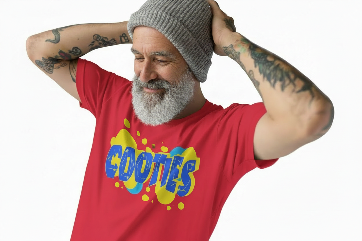 Man wearing a red t-shirt with 'COOTIES' print, holding a gray beanie.