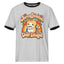 A light heather gray ringer t-shirt with black trim on the collar and sleeve cuffs, featuring a retro-style graphic of a cartoon orange tabby cat holding a coffee cup in front of a rainbow, with the text 'Overcaffeinated Under Estimated'.