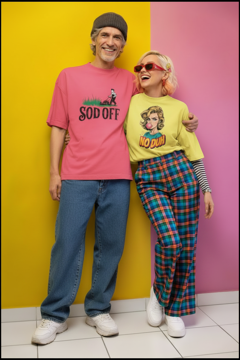 Two people standing against a colorful wall, wearing graphic t-shirts.